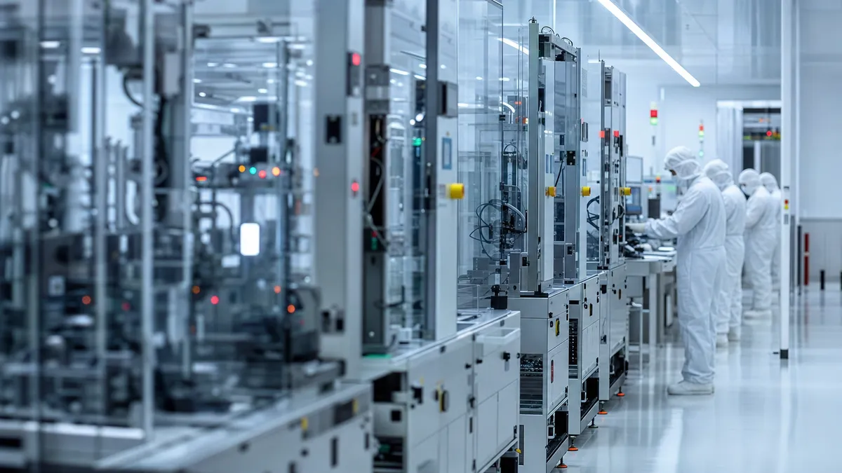 Automated die-bonding machines inside a semiconductor packaging cleanroom